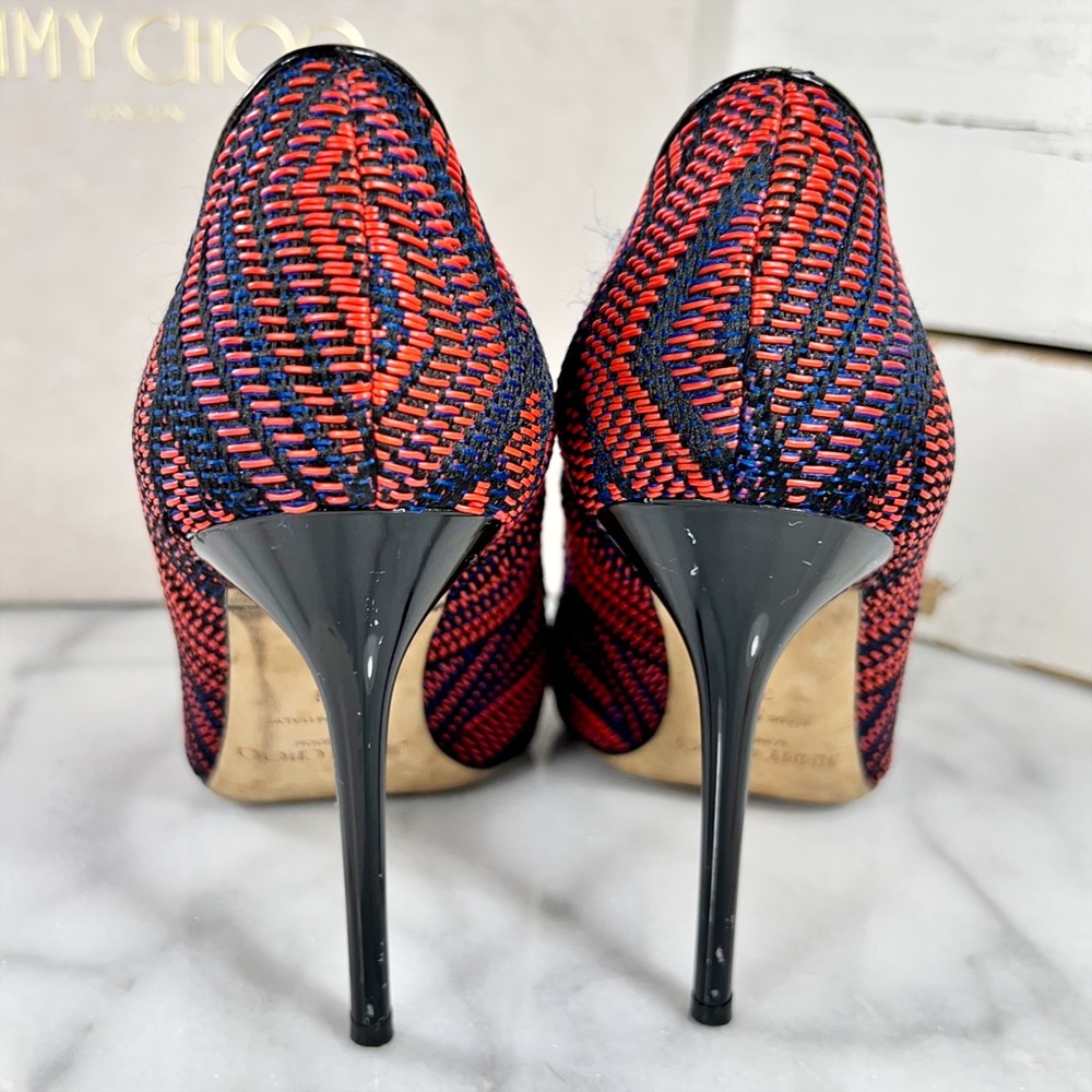 Jimmy Choo Red & Navy Geometric Pattern Woven Pointed Toe Heels - Picture 6 of 7